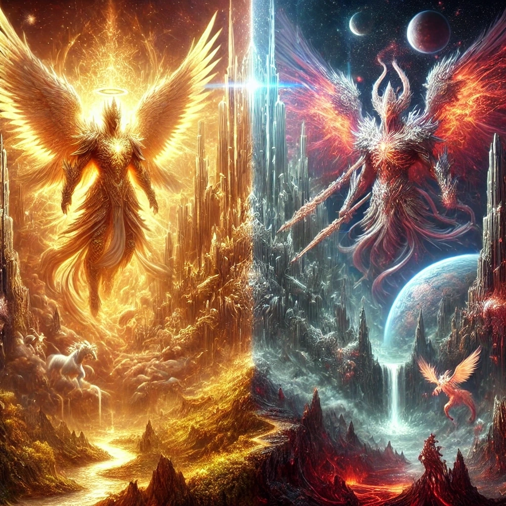 DALL·E 2024-12-24 16.16.53 - A hyper-realistic, ultra-detailed digital artwork depicting an epic cosmic clash between good and evil, enhanced to the zenith of visual intensity and